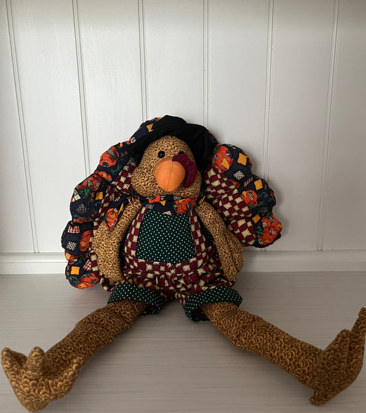 Vintage TB Trading Co. Thanksgiving Turkey Plush Shelf Sitter – Folk-Art Patchwork Quilted Tail – 20” – 1990s