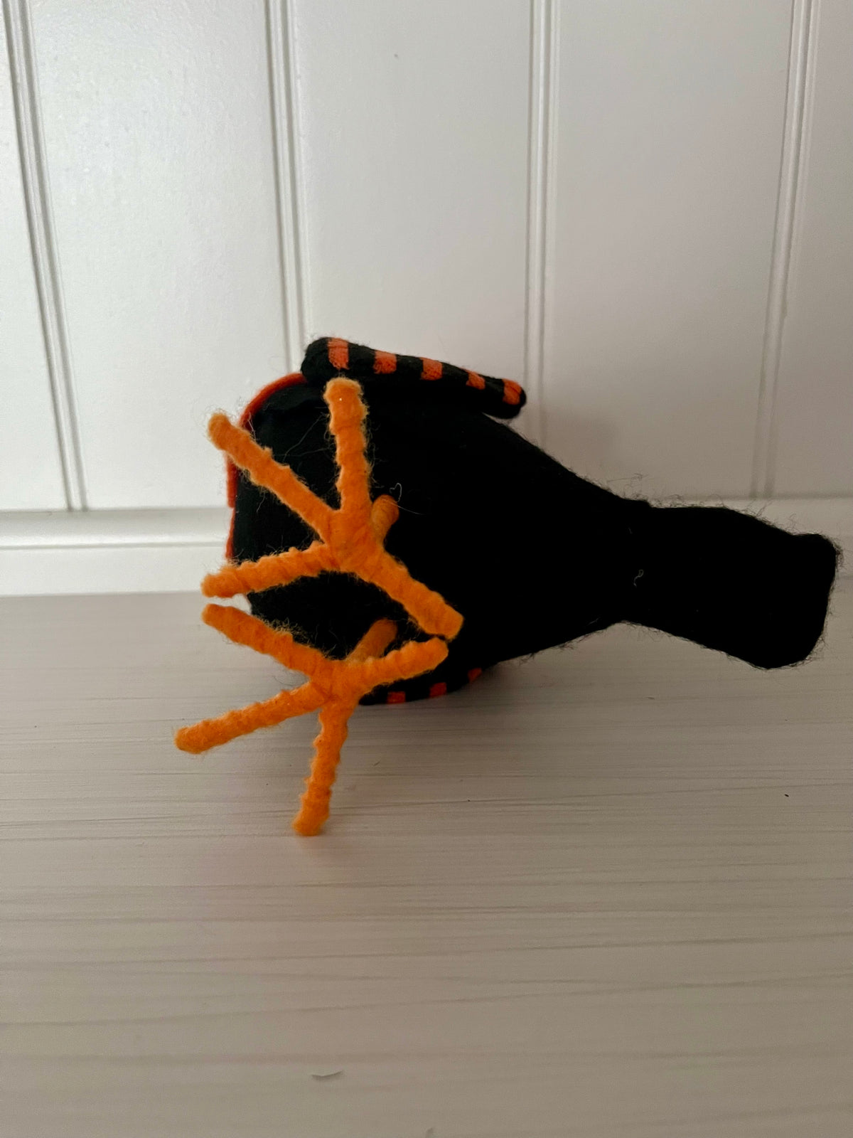 Retro Halloween Black Cat Bird Figurine in Pumpkin Costume | Felt Shelf Décor | 6”