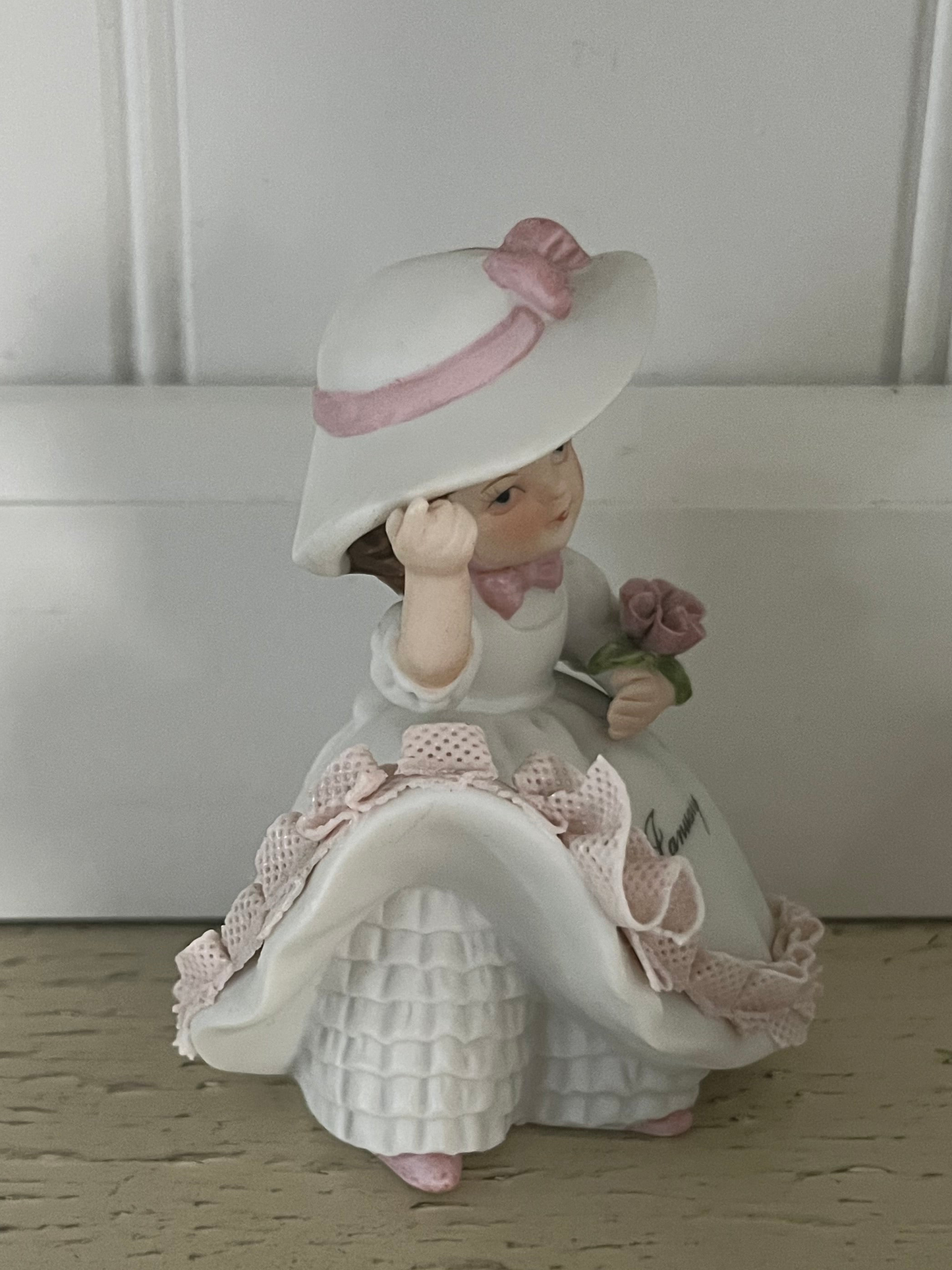 Vintage January Birthday Girl Figurine – Pink Lace Hoop Skirt, Romantic Regency Style (1980s–1990s)