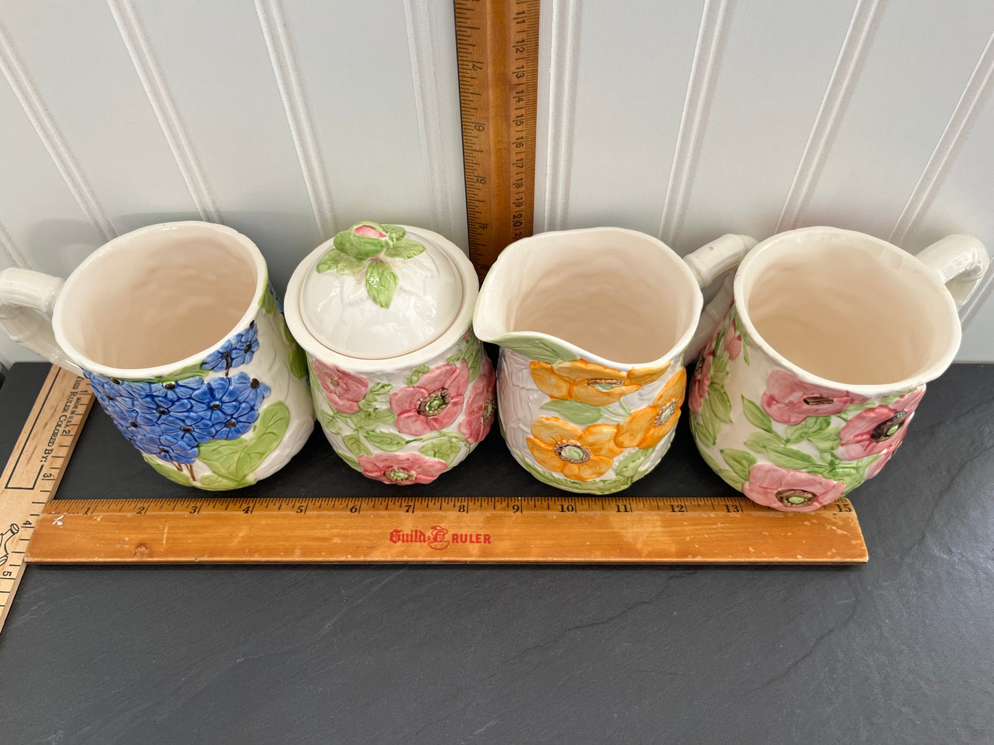 Vintage 1988 Shafford Fleurs Du Jour Sugar & Creamer Set with 2 Mugs - Colorful 3D Raised Embossed Flowers
