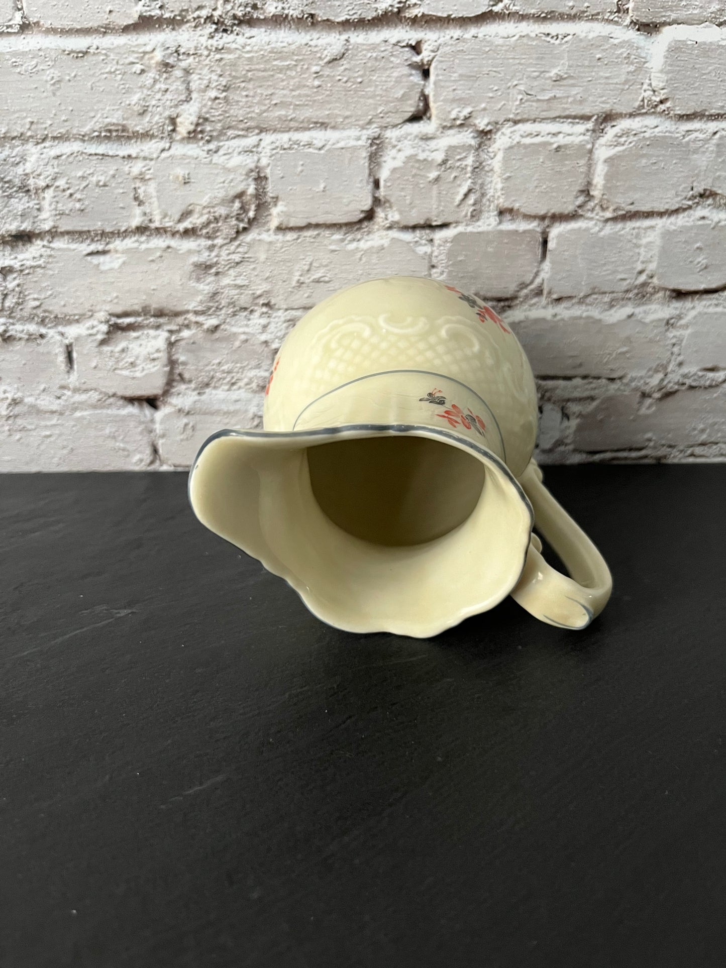 Vintage 1940s–1950s Cream Ceramic Floral Pitcher – Red & Black Wildflower Sprig Pattern – Cottage Farmhouse Style Milk Pitcher