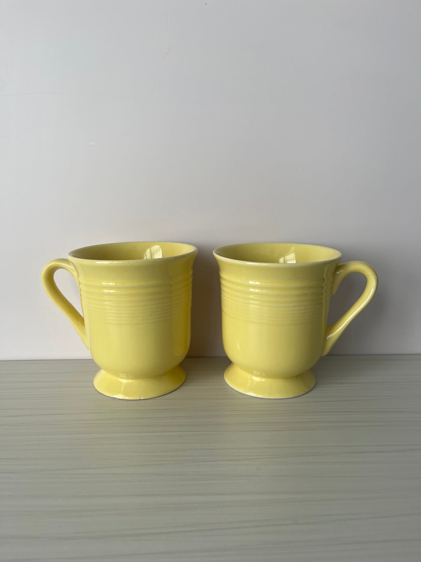 1990s Gibson Everyday Yellow Pedestal Coffee Mugs – Set of 2 Ribbed Footed Stoneware Cups