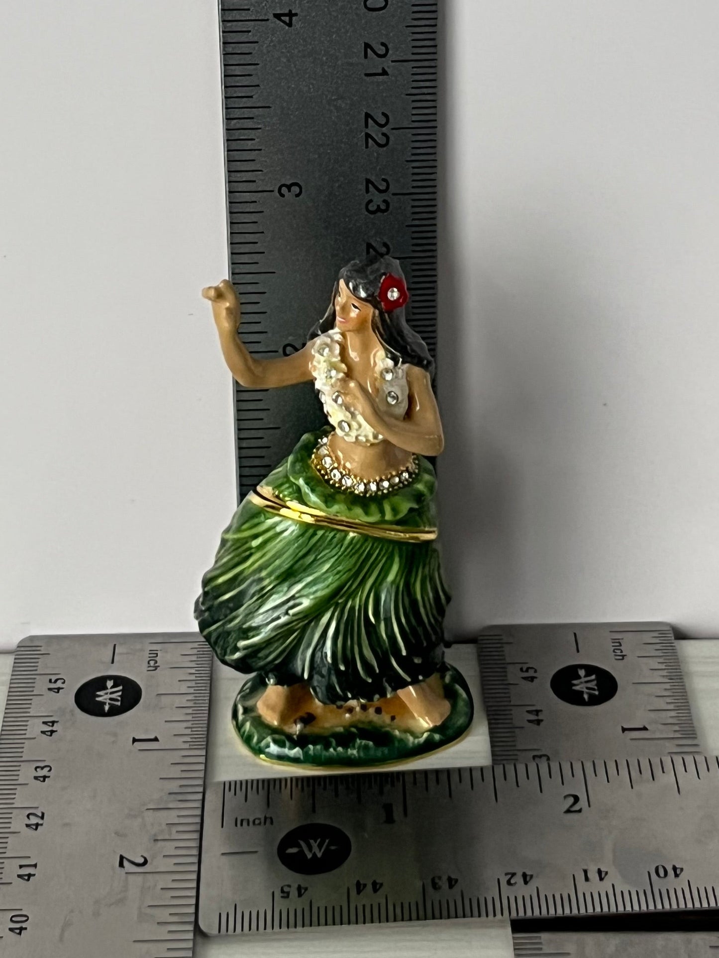 Vintage 1990s Rhinestone Hawaiian Hula Dancer Trinket Box – Miniature Tropical Keepsake Figurine – 2.5” Tall