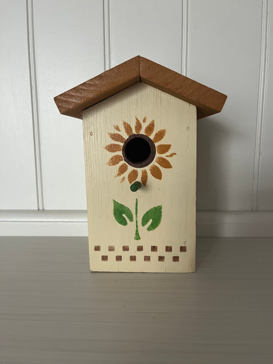 Vintage Hand-Painted Sunflower Wooden Birdhouse ,Rustic  Folk Art Décor c. 1990s