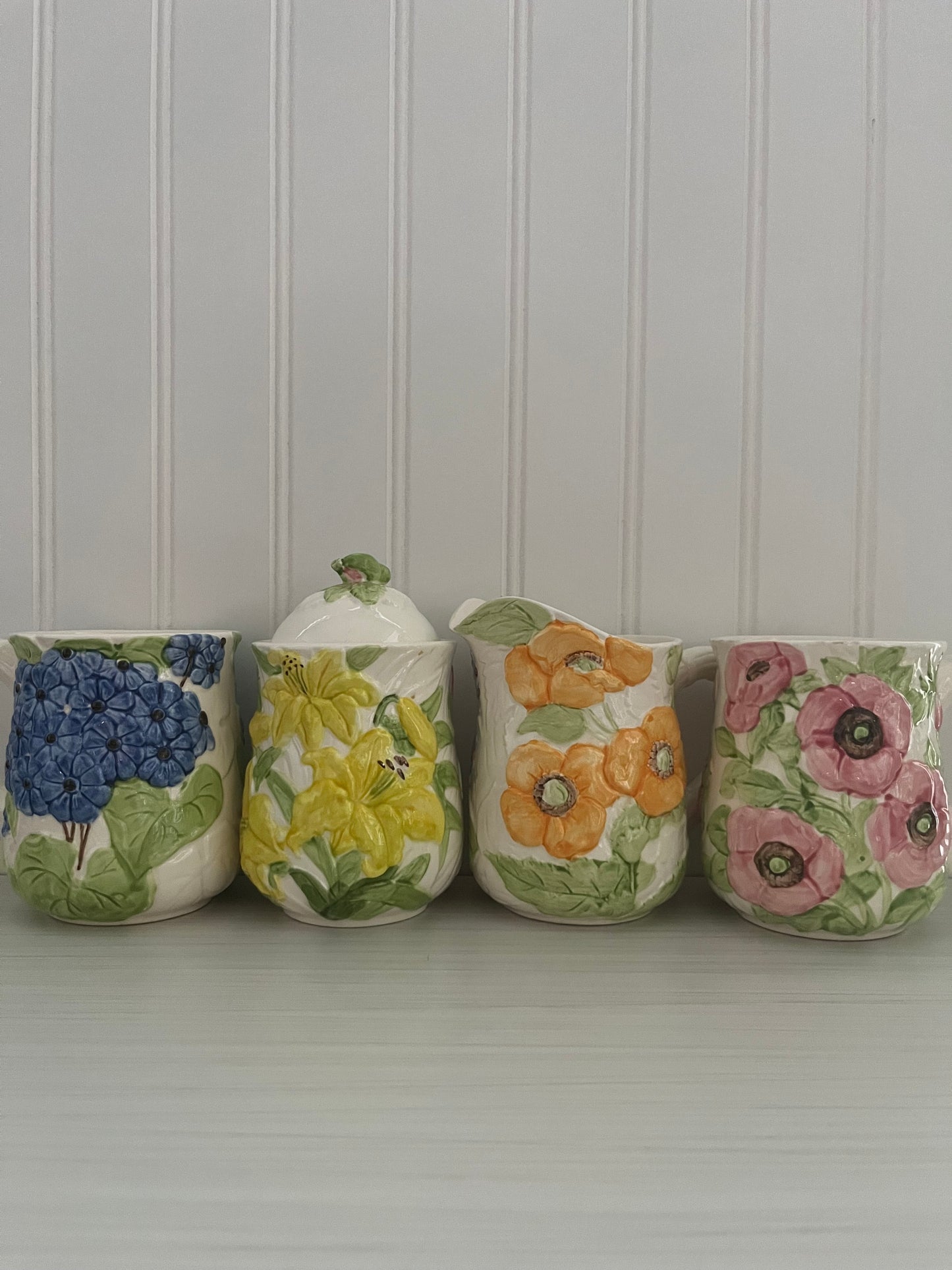 Vintage 1988 Shafford Fleurs Du Jour Sugar & Creamer Set with 2 Mugs - Colorful 3D Raised Embossed Flowers