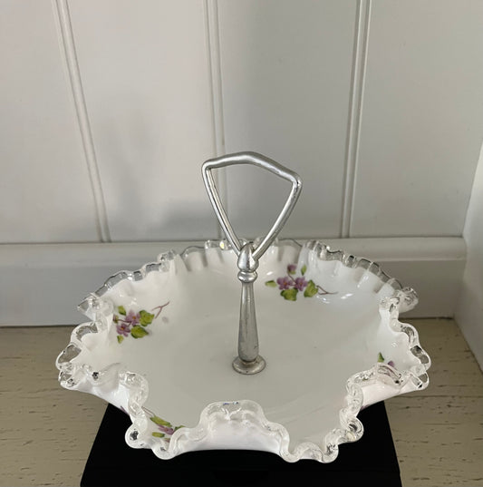 Vintage c 1960’s Fenton-Style Unmarked Silver Crest Milk Glass Tidbit Tray with Violet Floral Detail & Metal Handle | Ruffled Bon Bon Candy Dish / Vanity Tray