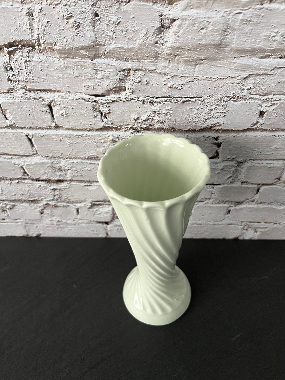 Vintage C. 1990’s * Pale celadon / soft spring  Green Spiral Ceramic Vase – Scalloped Rim Floral Bud Vase – 7”