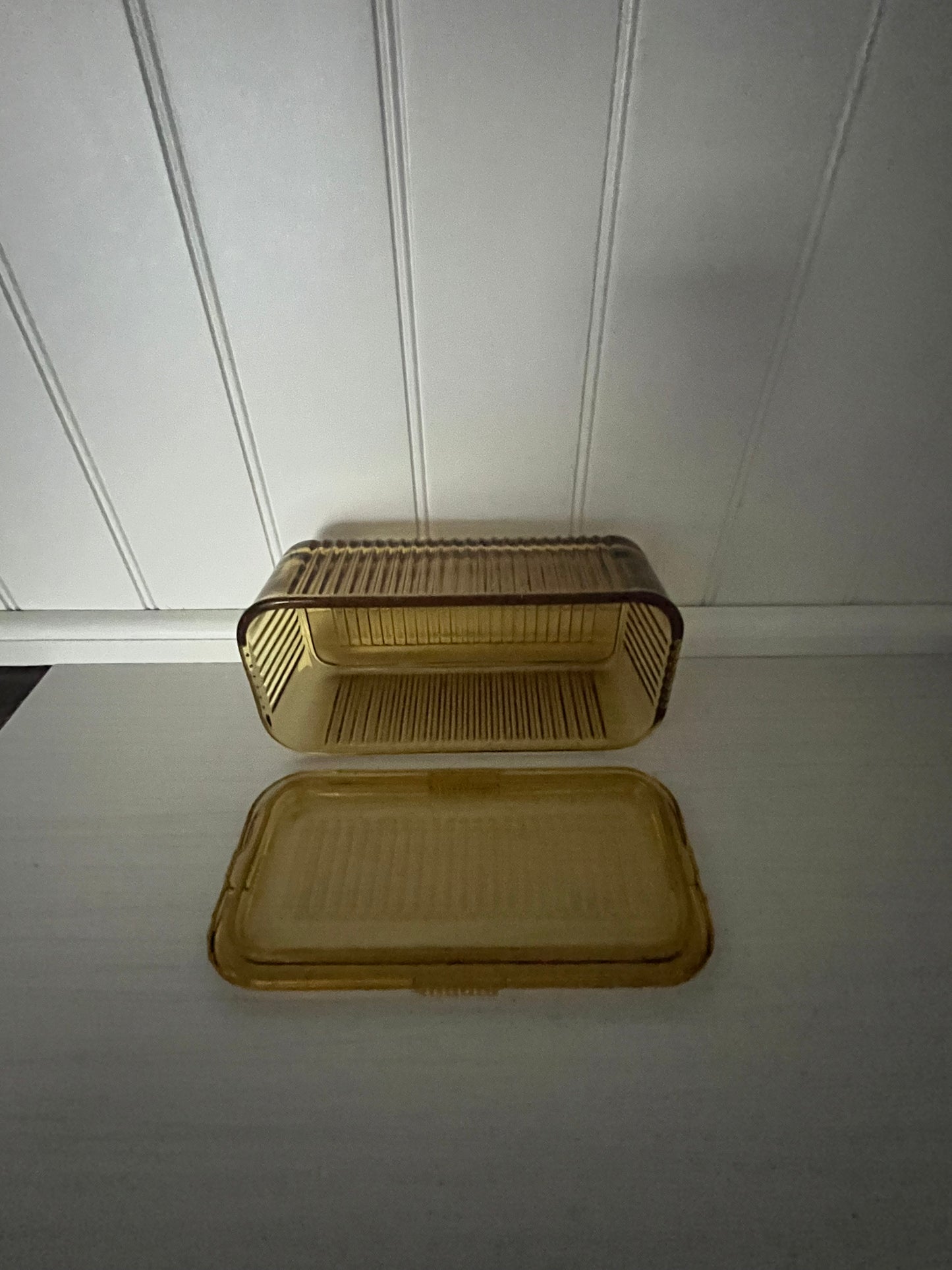 Vintage 1970s Amber Glass Ribbed Refrigerator Dish with Lid | Fall Harvest Kitchen Storage