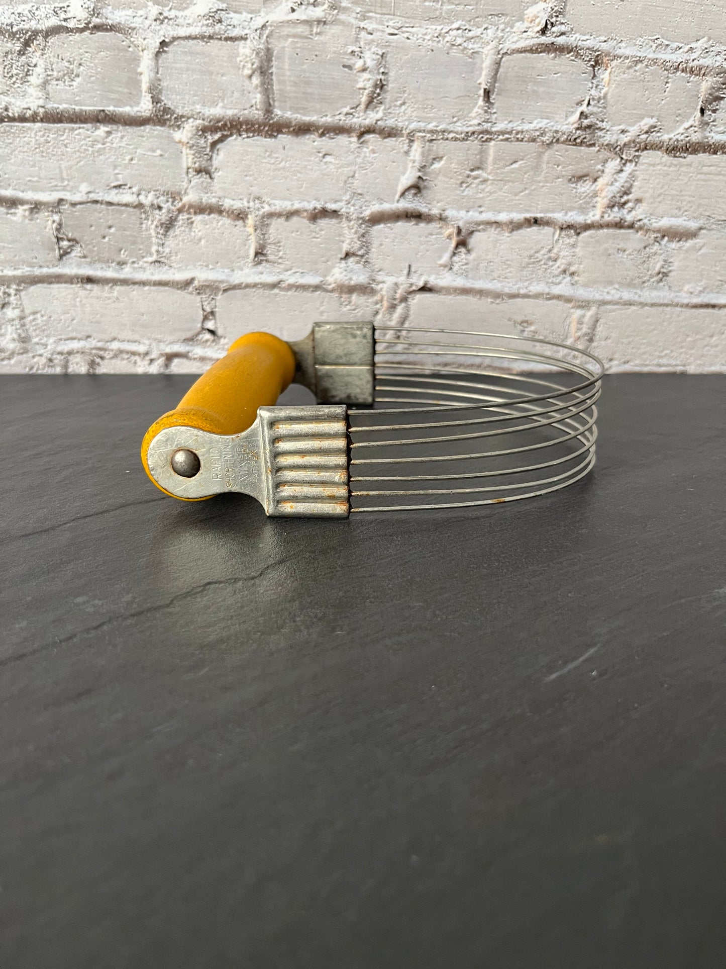 Vintage Androck “Rapid Shortening Mixer” Pastry Blender, c. 1940s Yellow Painted Wood Handle, Dough Cutter Baking Tool, Sunnyvale Yellow Kitchen