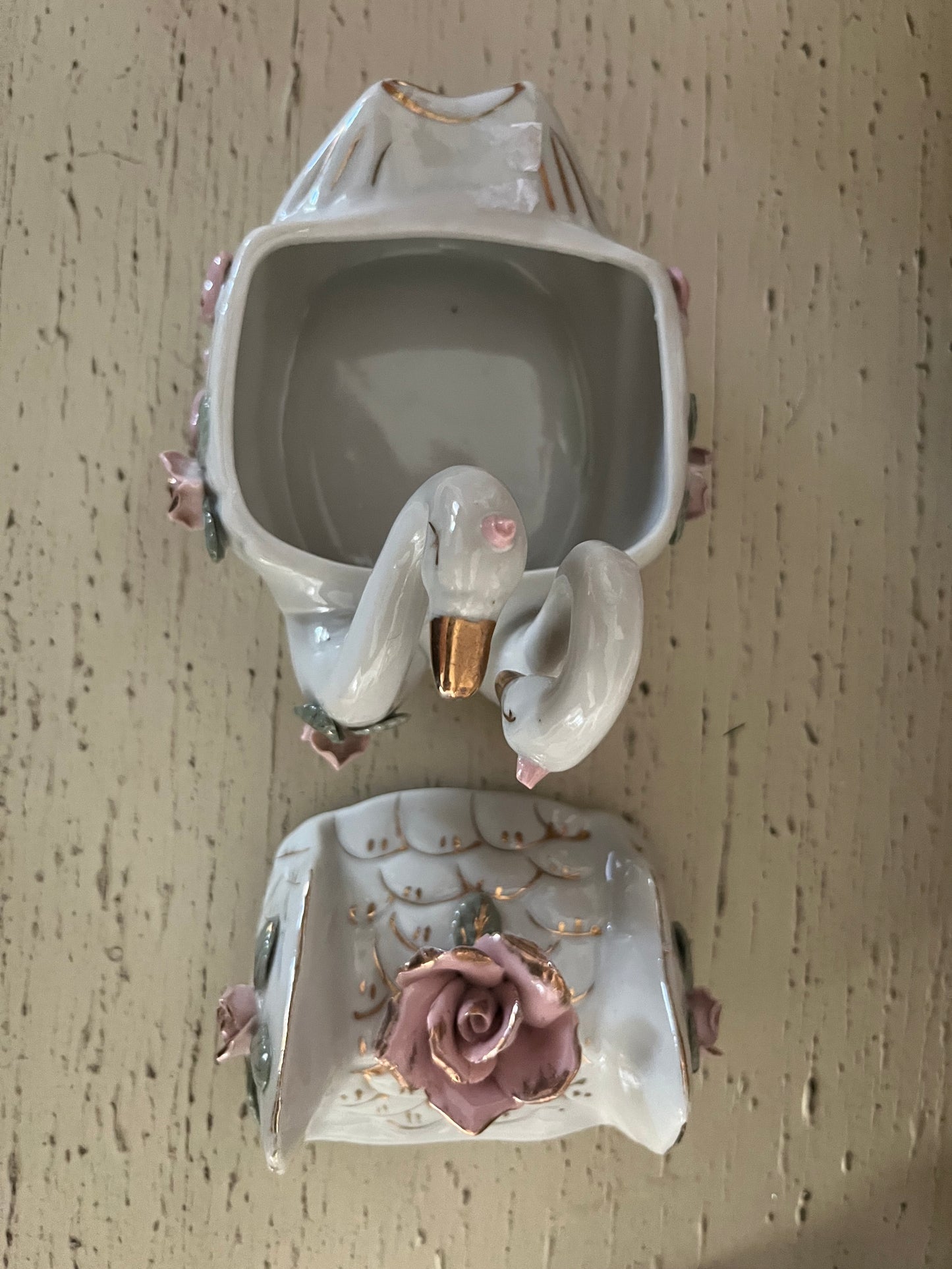 Chinoiserie Chic Vintage Porcelain Double Swan & Pink Rose Trinket Dish with Lid
