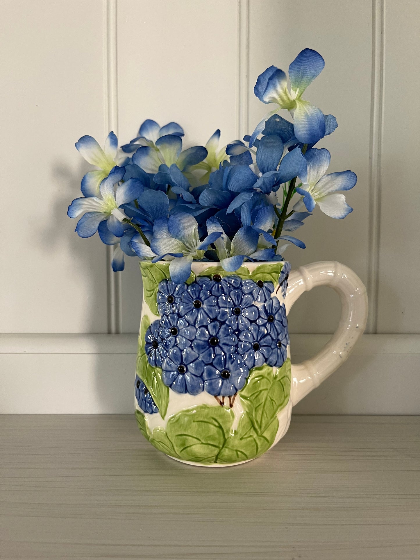Vintage 1988 Shafford Fleurs Du Jour Sugar & Creamer Set with 2 Mugs - Colorful 3D Raised Embossed Flowers