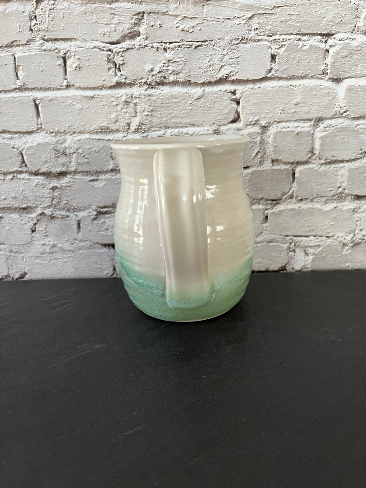 Vintage Style Oh Susie Paw Paw Pottery Green & Cream Glazed Stoneware Handled Vase XL Crock Mug– 5”