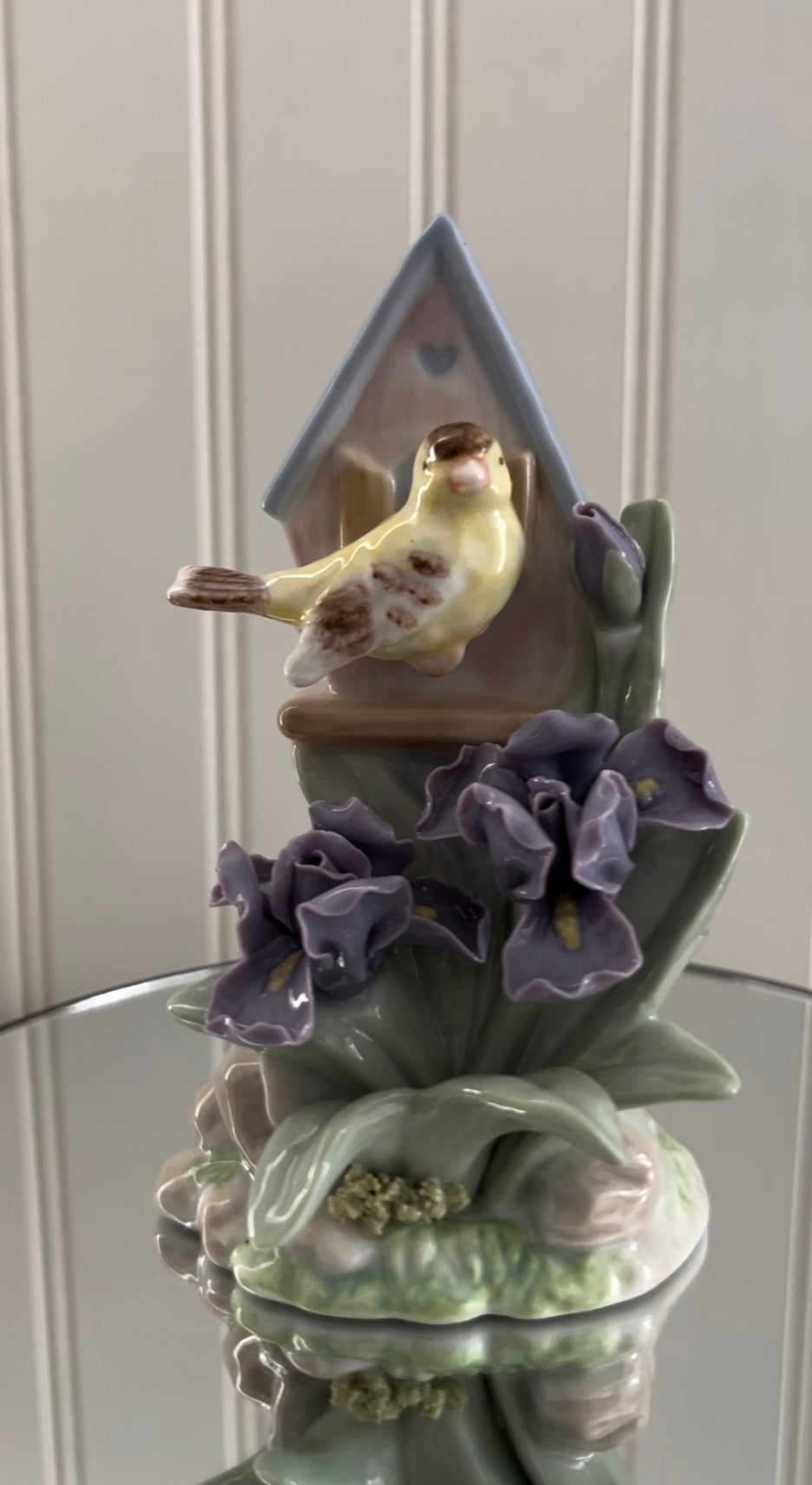 Vintage c.1990s Porcelain  Birdhouse & Iris Figurine | Cottagecore Spring Garden Decor