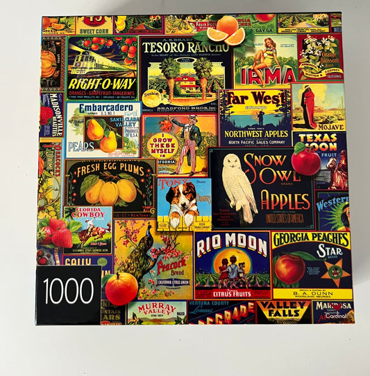 Vintage Style Fruit Crate Label Collage 1000-Piece Puzzle (2010s) – Retro Produce Advertising Art