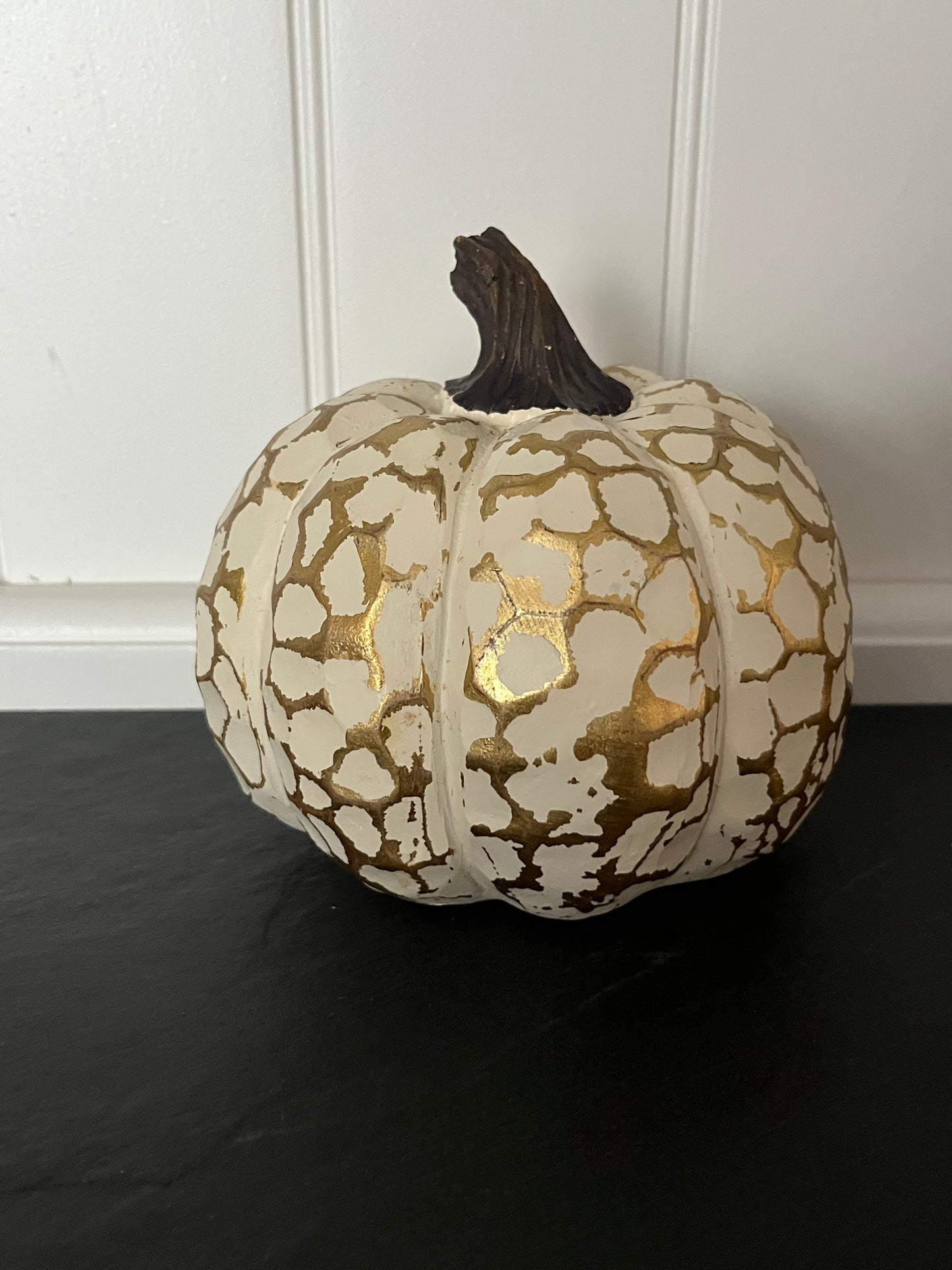 White & Gold Crackle-Pattern Pumpkin – Modern Glam Harvest Decor