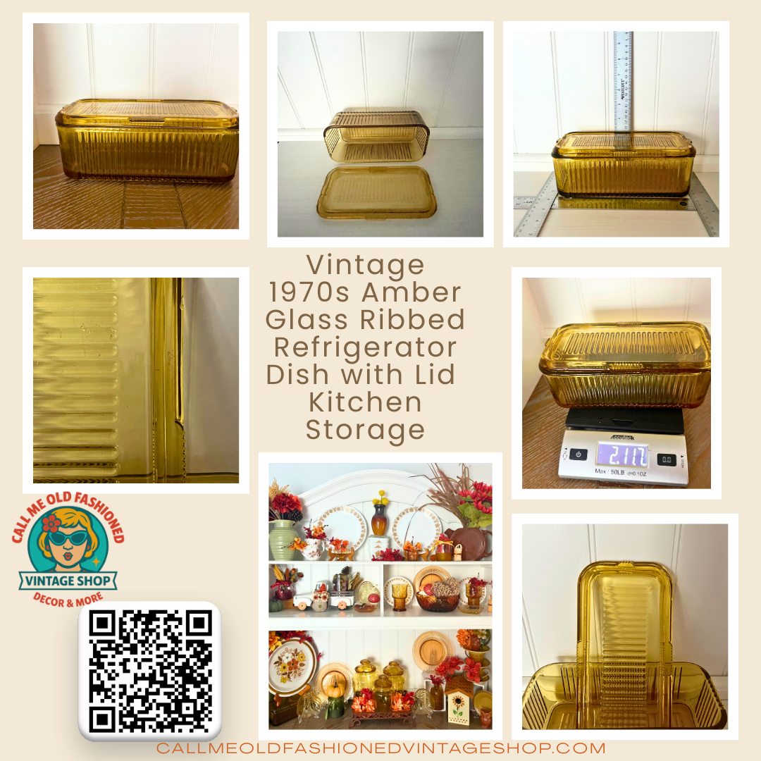 Vintage 1970s Amber Glass Ribbed Refrigerator Dish with Lid | Fall Harvest Kitchen Storage