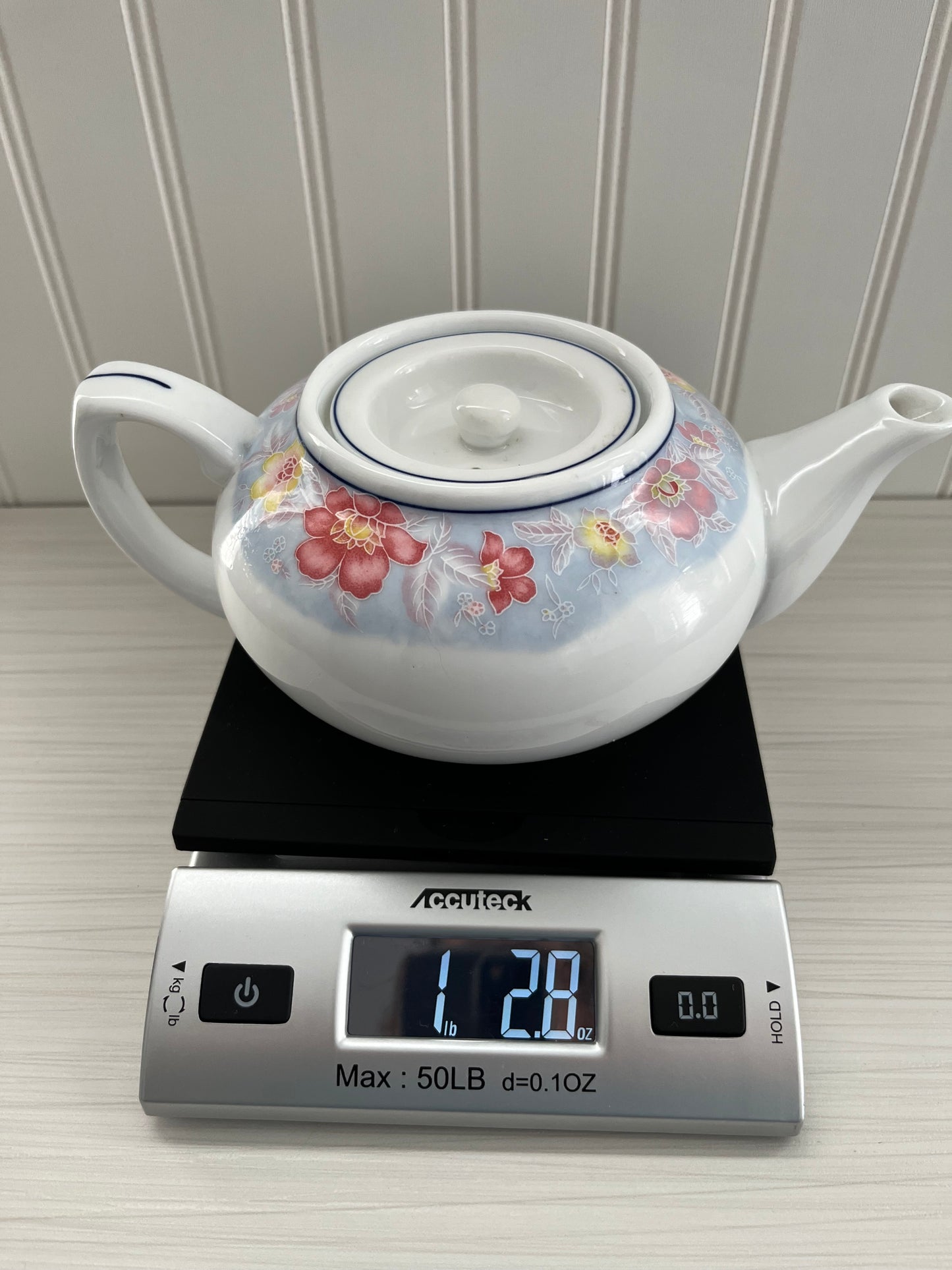Vintage  L. Long TAO Pink, Yellow, Blue Floral Print Porcelain Tea Pot with Flat Lid