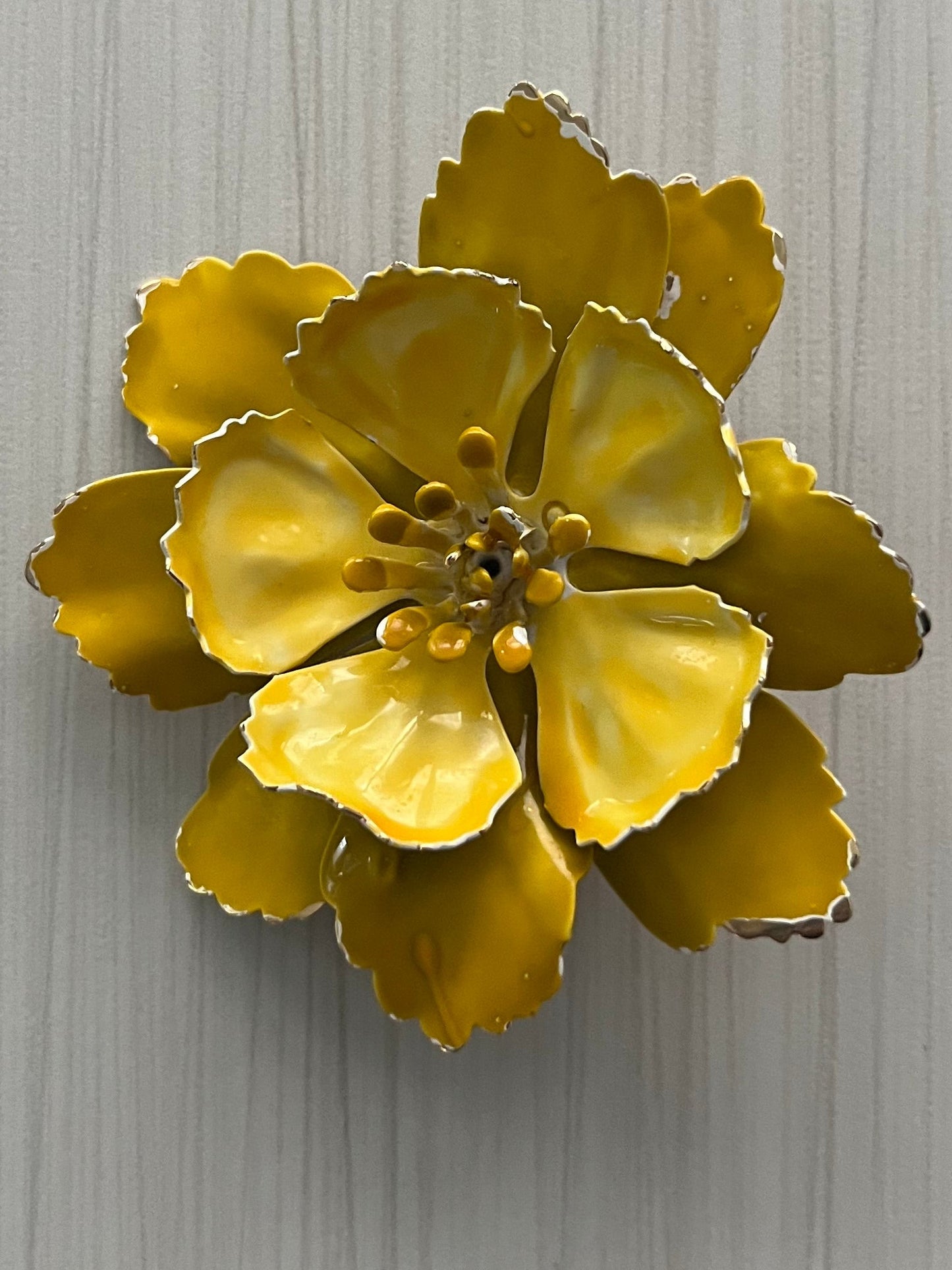Vintage 1960’s Yellow Enamel Flower Brooch – Layered Petal Floral Pin, Mid-Century Statement Jewelry