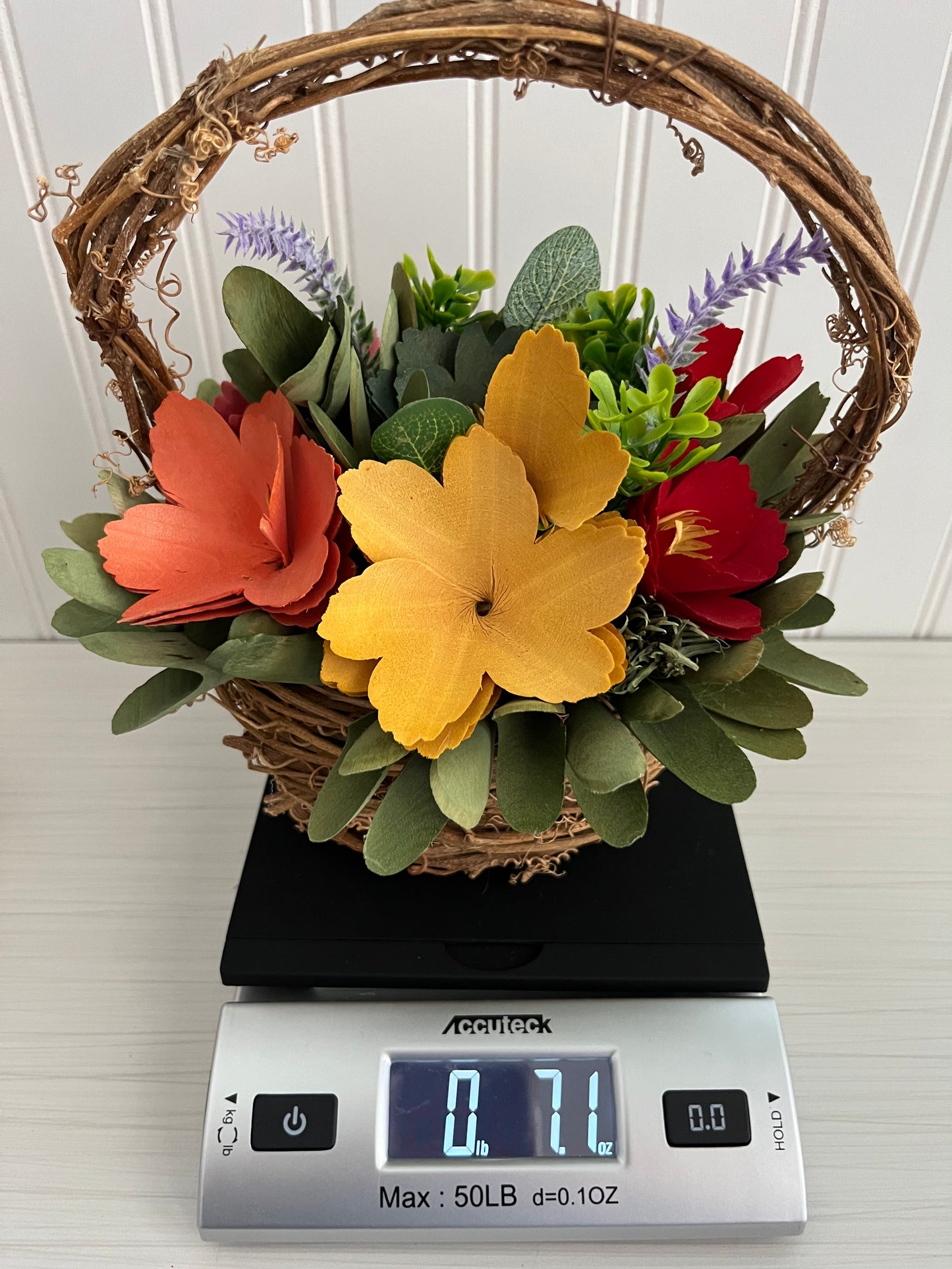 Modern Handcrafted Multicolor Flower Arrangement With Natural Wood Elements in Rustic Woven Basket - 9” Tall