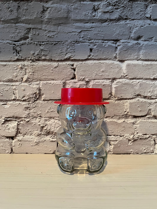 Vintage Glass Anthropomorphic Teddy Bear with Red Hat Lid German Jam Jar