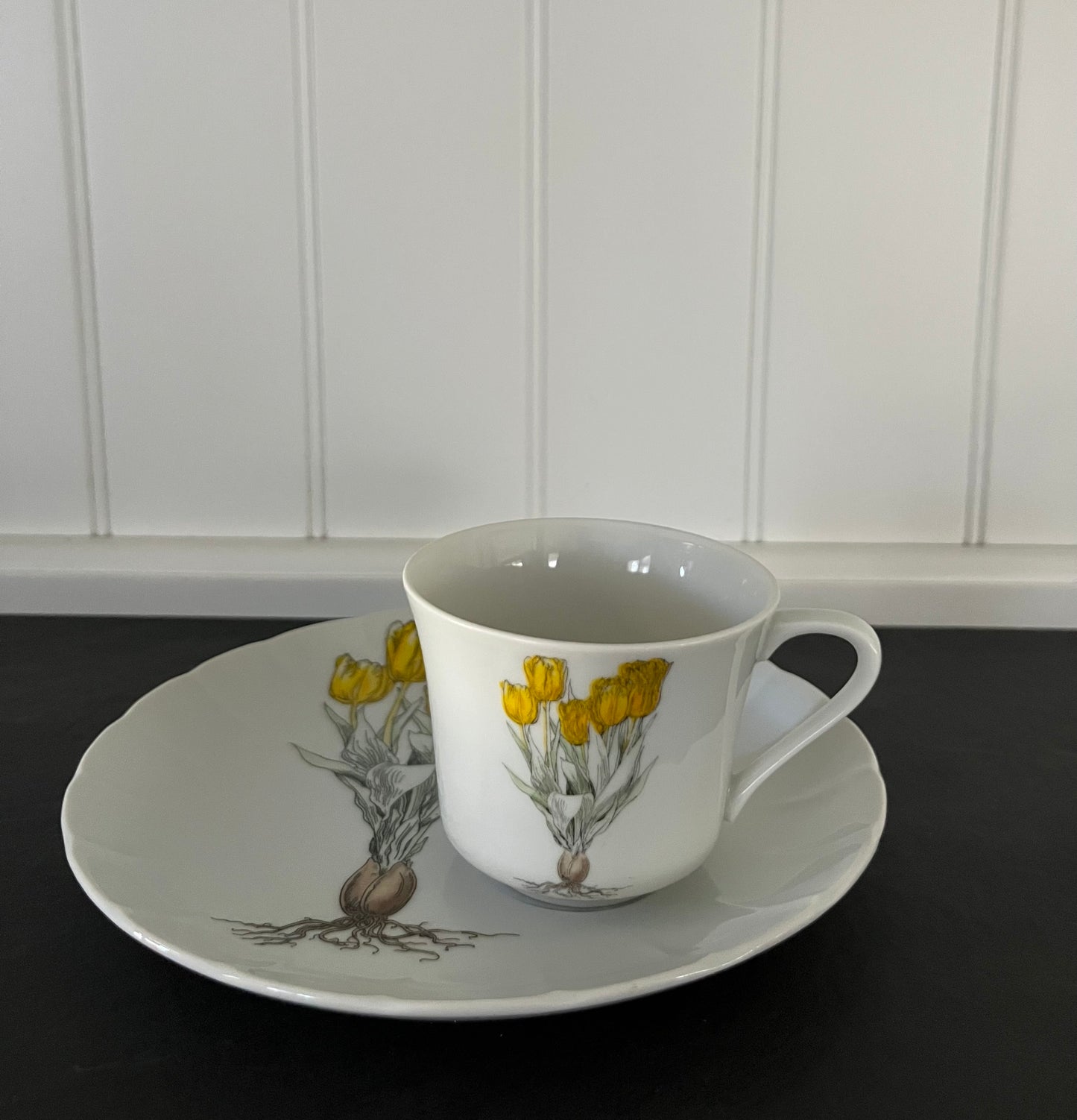 2 Vintage Yellow  Snack Plate & 1 Tea Cup Set Tulip by SEYMOUR MANN Botanical Modern Fine China