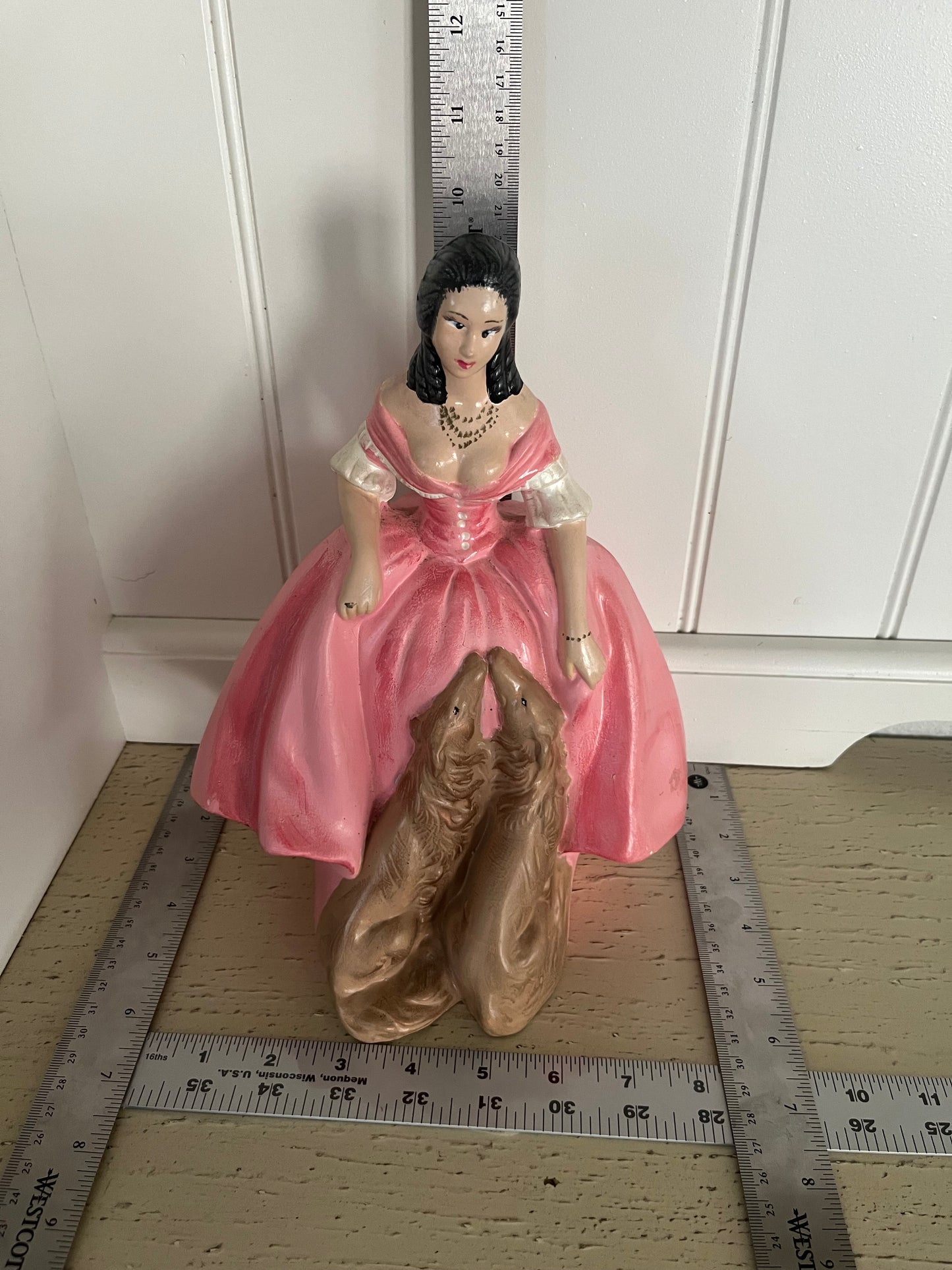 Mid-Century Quirky Chalkware Regency Lady with Dogs Figurine (1950s–1960s) | Dramatic, Romantic, and Delightfully Extra