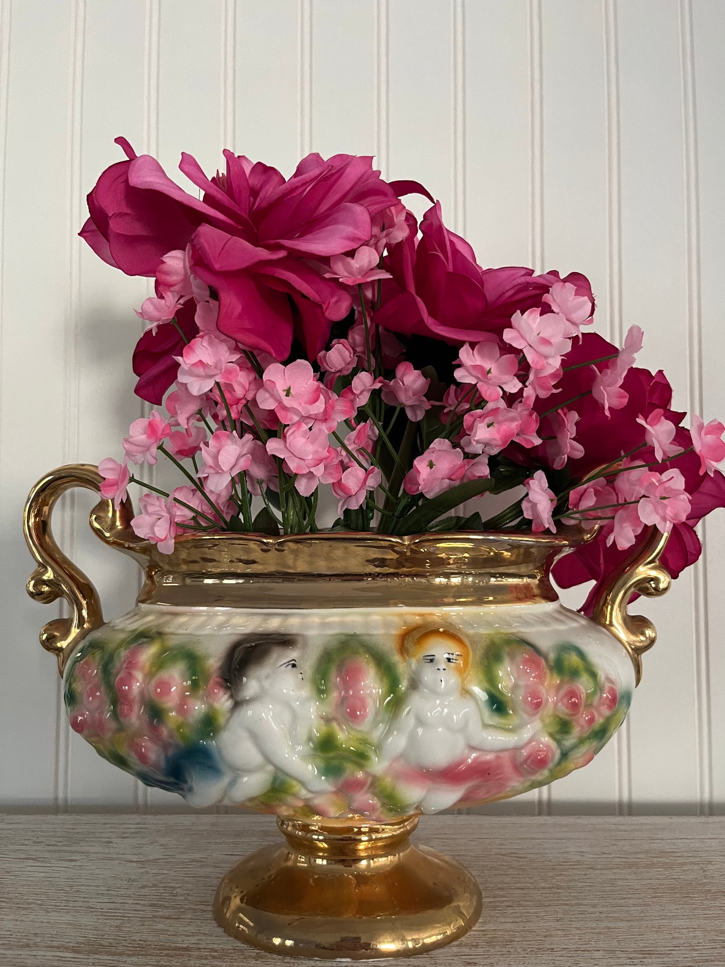 Quirky Neo-Baroque Gold Accented Double Handled Ugly Cherubs Tureen/Urn Pedestal Vase