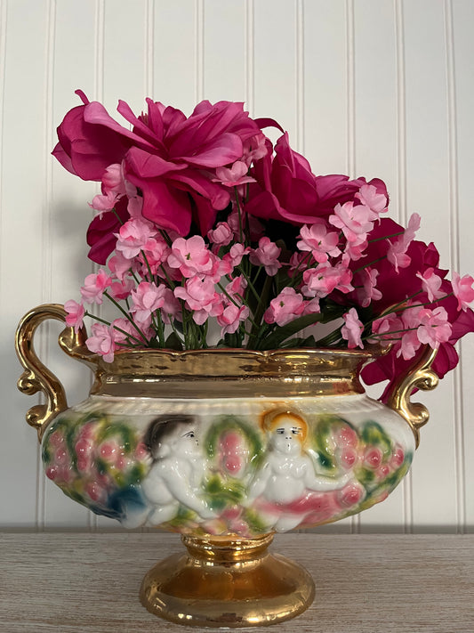 Quirky Neo-Baroque Gold Accented Double Handled Ugly Cherubs Tureen/Urn Pedestal Vase