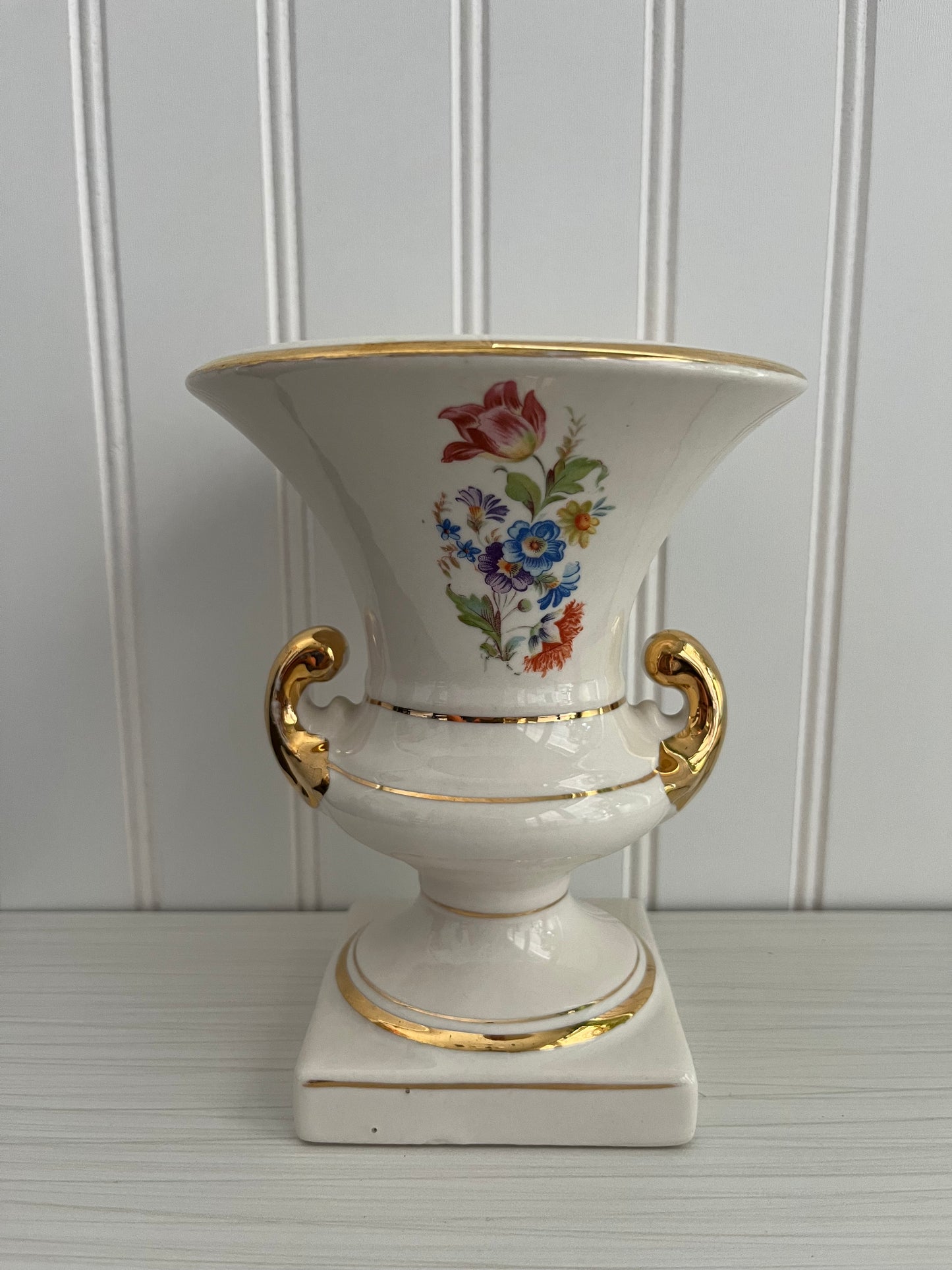 Vintage European Trophy Vase – Campana Floral Design with Gold Trim – Porcelain Urn Style with Footed Pedestal