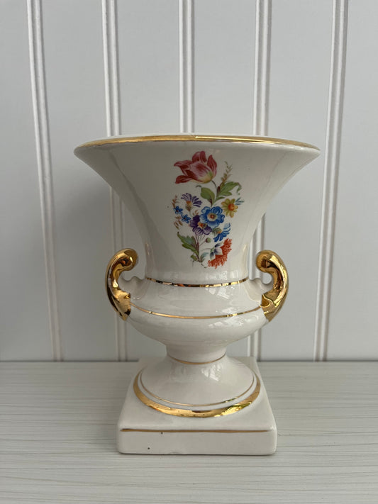 Vintage European Trophy Vase – Campana Floral Design with Gold Trim – Porcelain Urn Style with Footed Pedestal