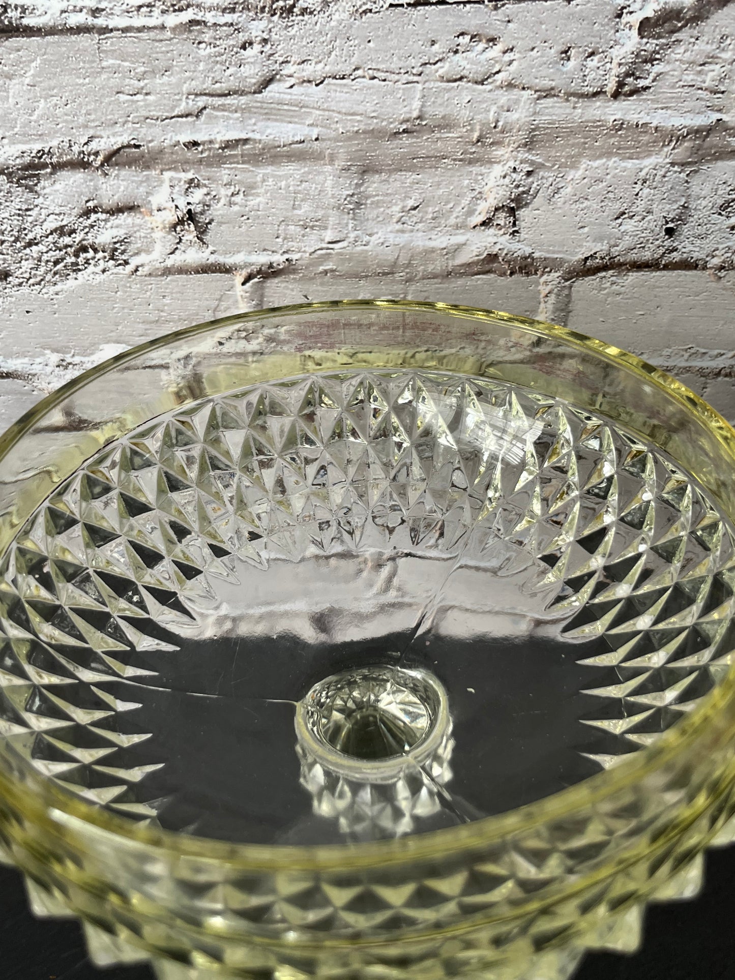 Vintage Indiana Glass Diamond Pattern Pedestal Compote Bowl – Yellow Tint Pressed Glass Dessert Dish (1960s–1970s)
