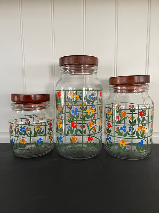 Vintage 1983 Anchor Hocking Nina Greenhouse “Tulip Trellis” Folk-Art Canister Set – Set of 3