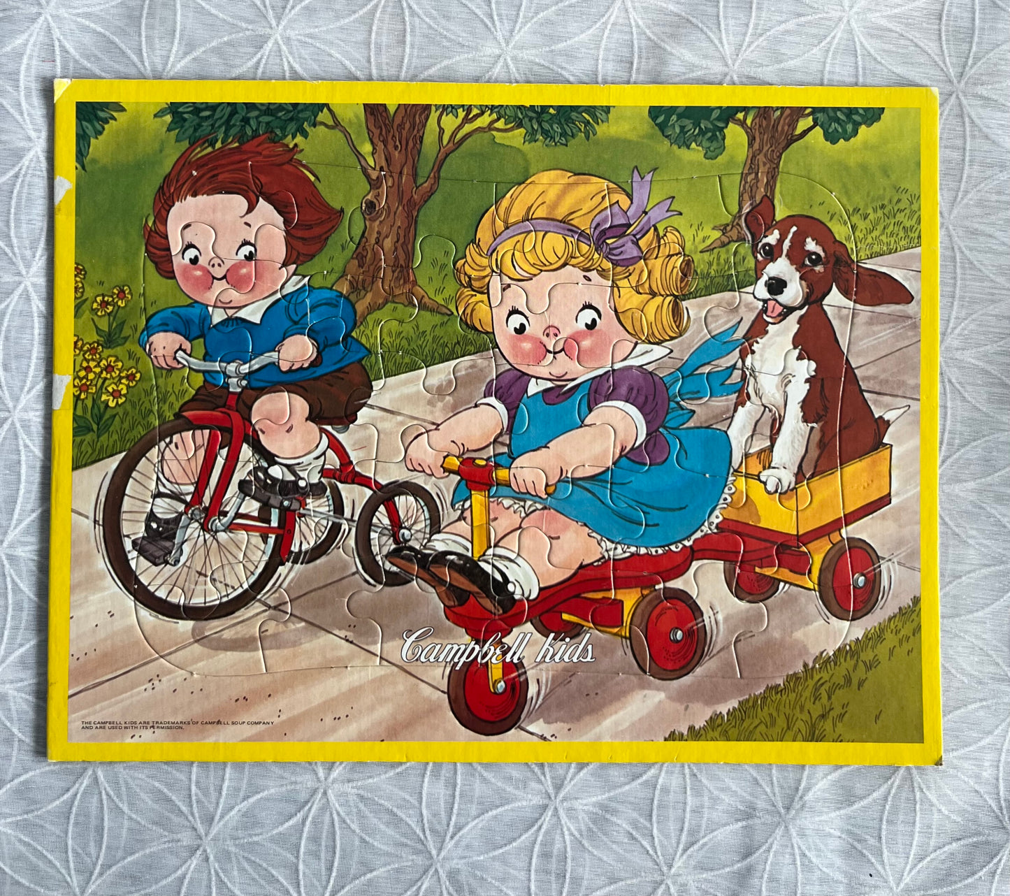 Vintage  1960’s Campbell Kids Bicycle Puzzle Tray Board | Retro Wooden Nursery Puzzle | Campbell Soup Advertising Collectible