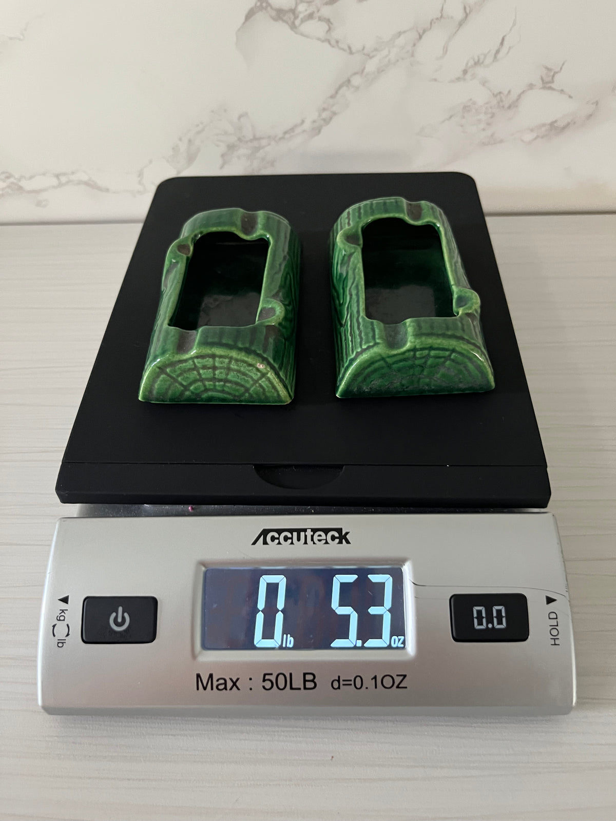 Pair of 1950s Treasure Craft Green Ceramic Log Ashtrays – Forest Woodgrain Glaze Set of 2