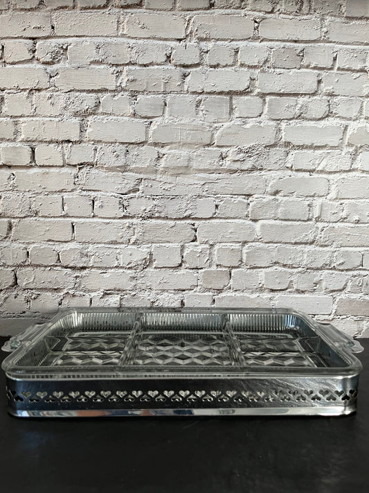 1950s Fostoria American Clear Divided Relish Tray with Silverplate Holder – Art Deco Entertaining Elegance