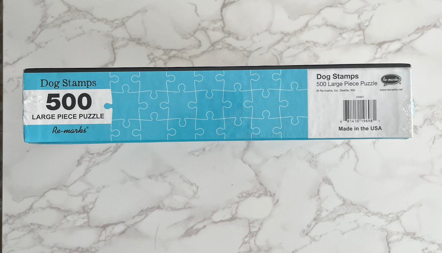 Sealed 2010s Re-marks “Dog Stamps” 500 Large Piece Puzzle — USA Made Postal Ephemera Dog Breed Collage Puzzle