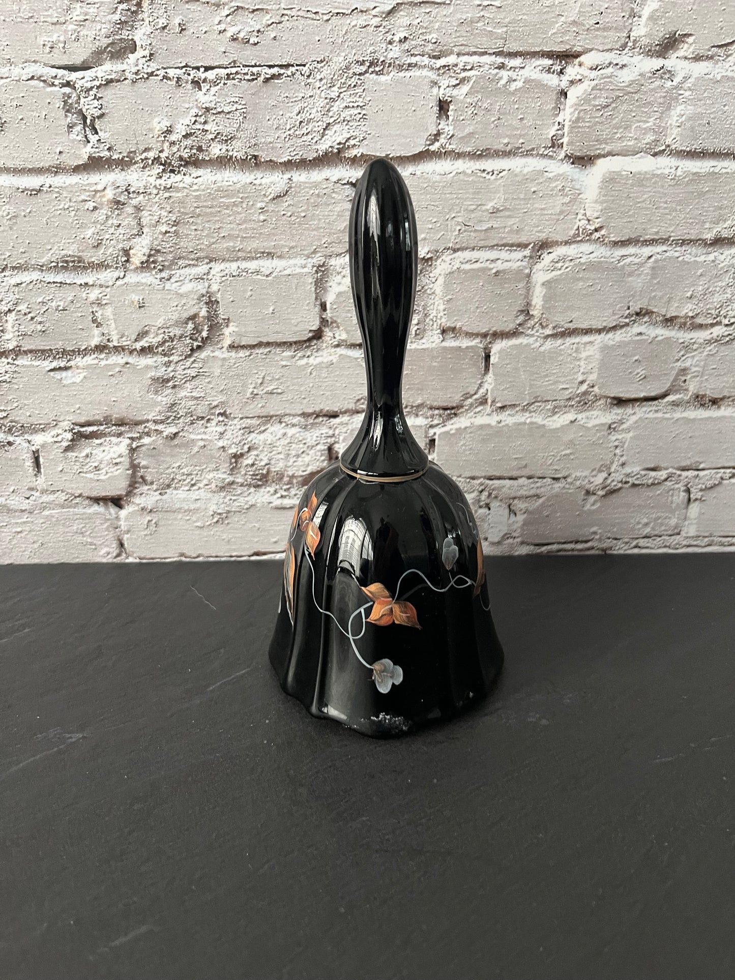 Vintage 1994 Fenton Aurora Black Hand-Painted Autumn Leaves Glass Dinner Bell – Signed by Artist D. Gesel