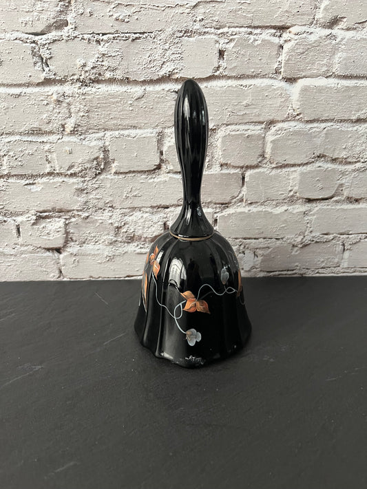 Vintage 1994 Fenton Aurora Black Hand-Painted Autumn Leaves Glass Dinner Bell – Signed by Artist D. Gesel