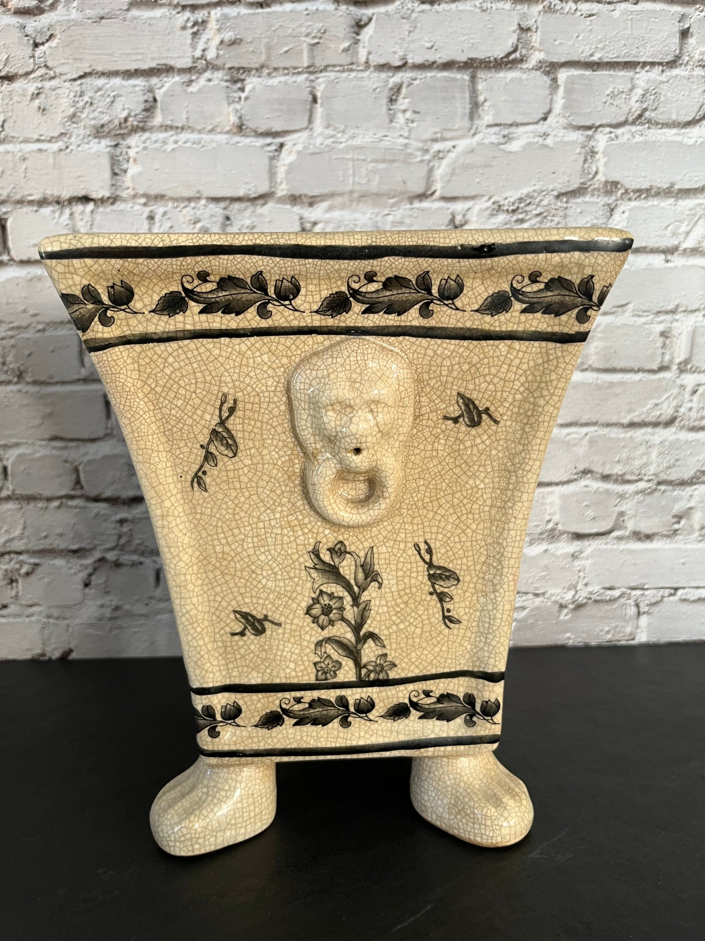 Vintage Majolica Chinoiserie Jardiniere Planter Pot Floral Design Crackle Crazing-Ware  Glaze with Lion Relief & Feet –