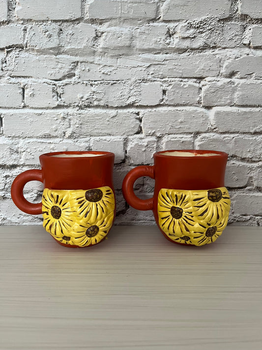 Retro Sunflower Pocket Mug Pair – Hand Crafted Pottery Biscotti / Tea Bag Mugs – 1990s