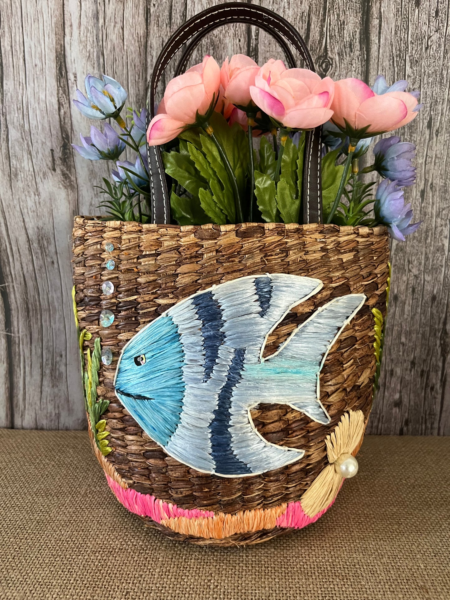 Vintage Woven Straw Purse Tote - Tropical Fish Design by Preston & York - Aloha Tiki Islands Fusion Theme