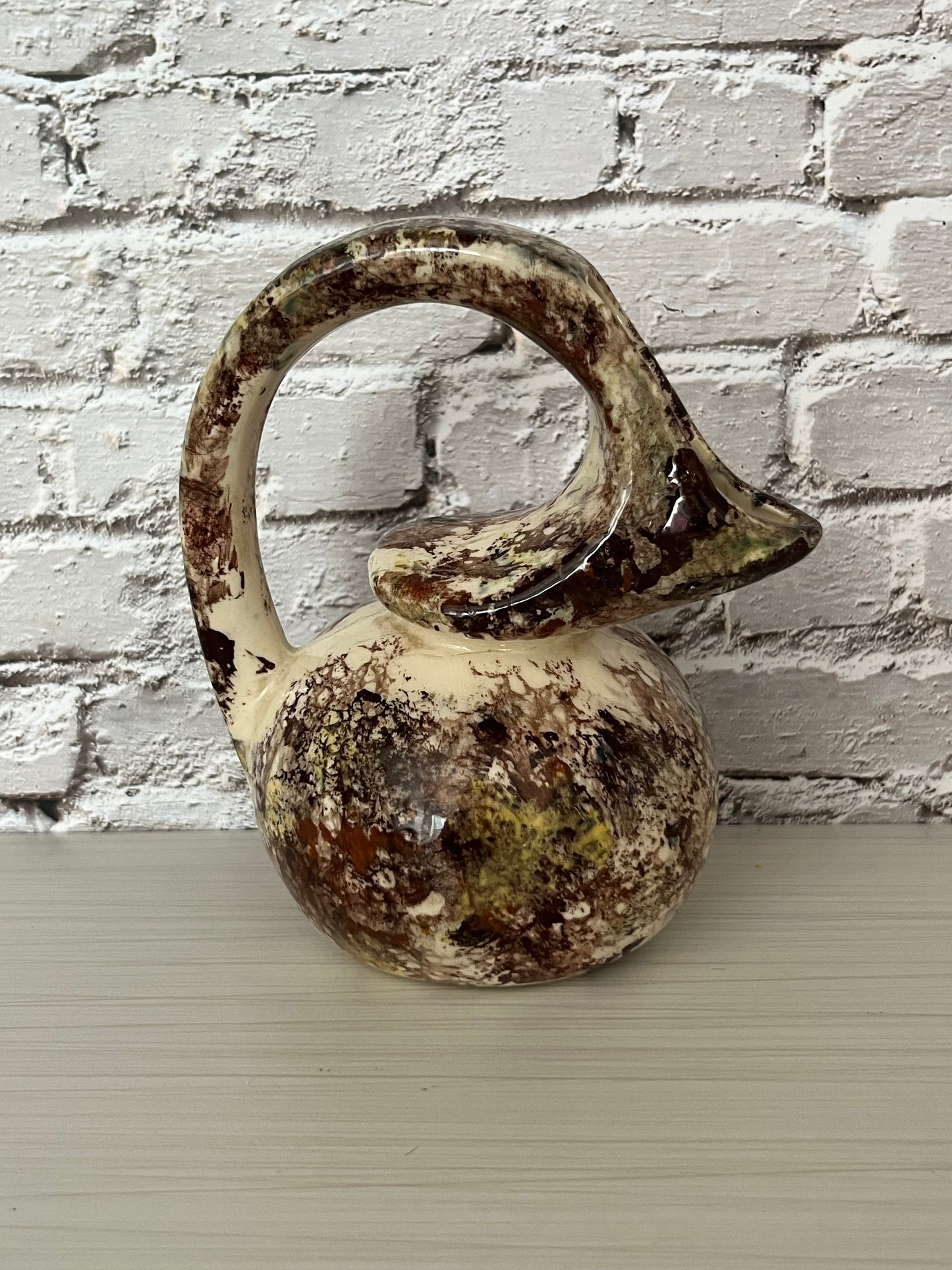 Retro Studio Pottery Sculptural Loop-Handle Ewer / Art Pouring Vessel – Splatter Glaze (c. 1970s–1990s)