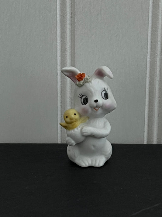 Sweet Vintage Ceramic Bunny with Baby Chick &  Orange Flower - Kitschy Nostalgic Cottage decor