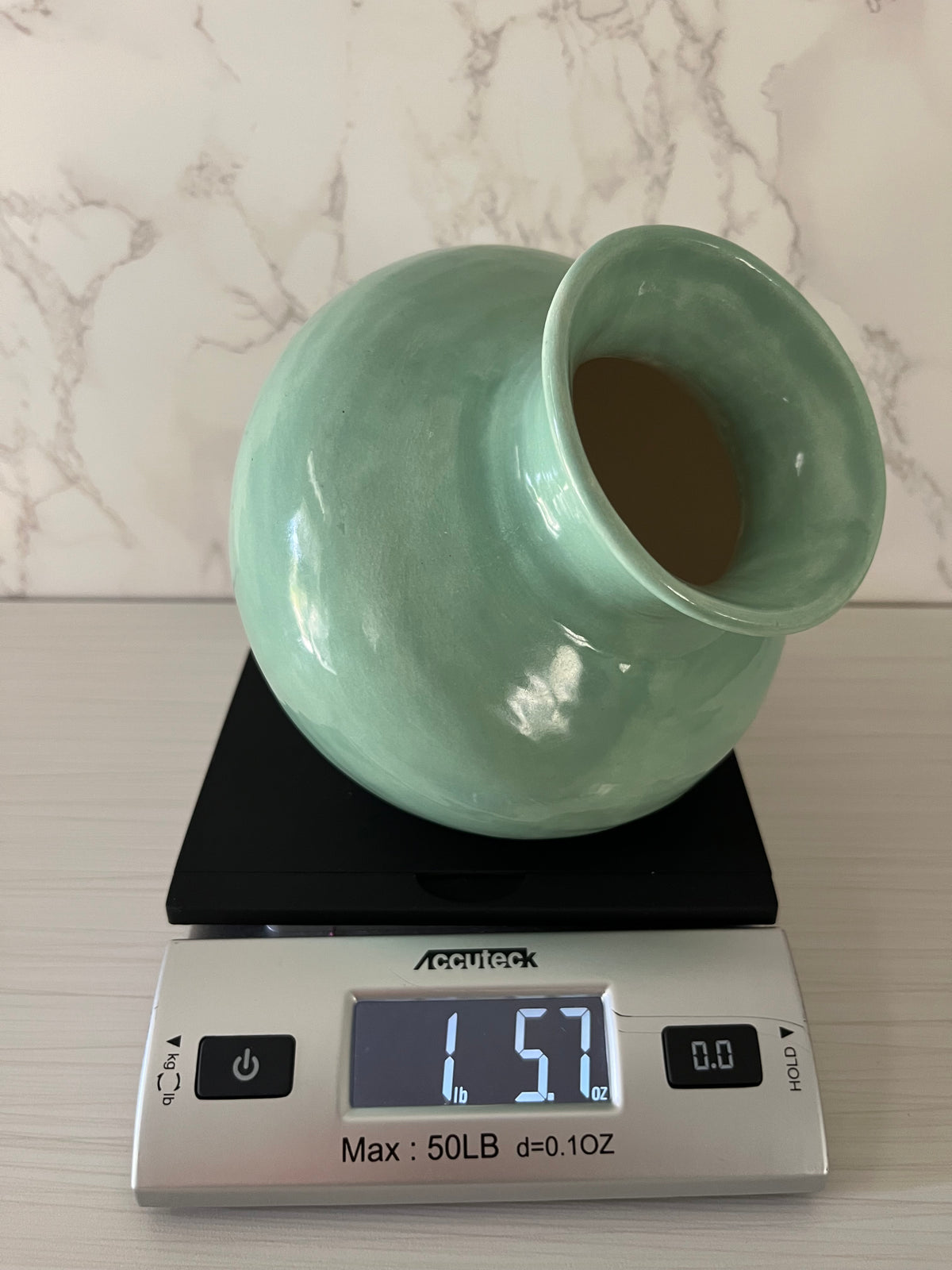 Vintage Style Chat Seafoam Green Side-Opening Ceramic Vase Pottery Pot – Sculptural Tilted Vase – 6”