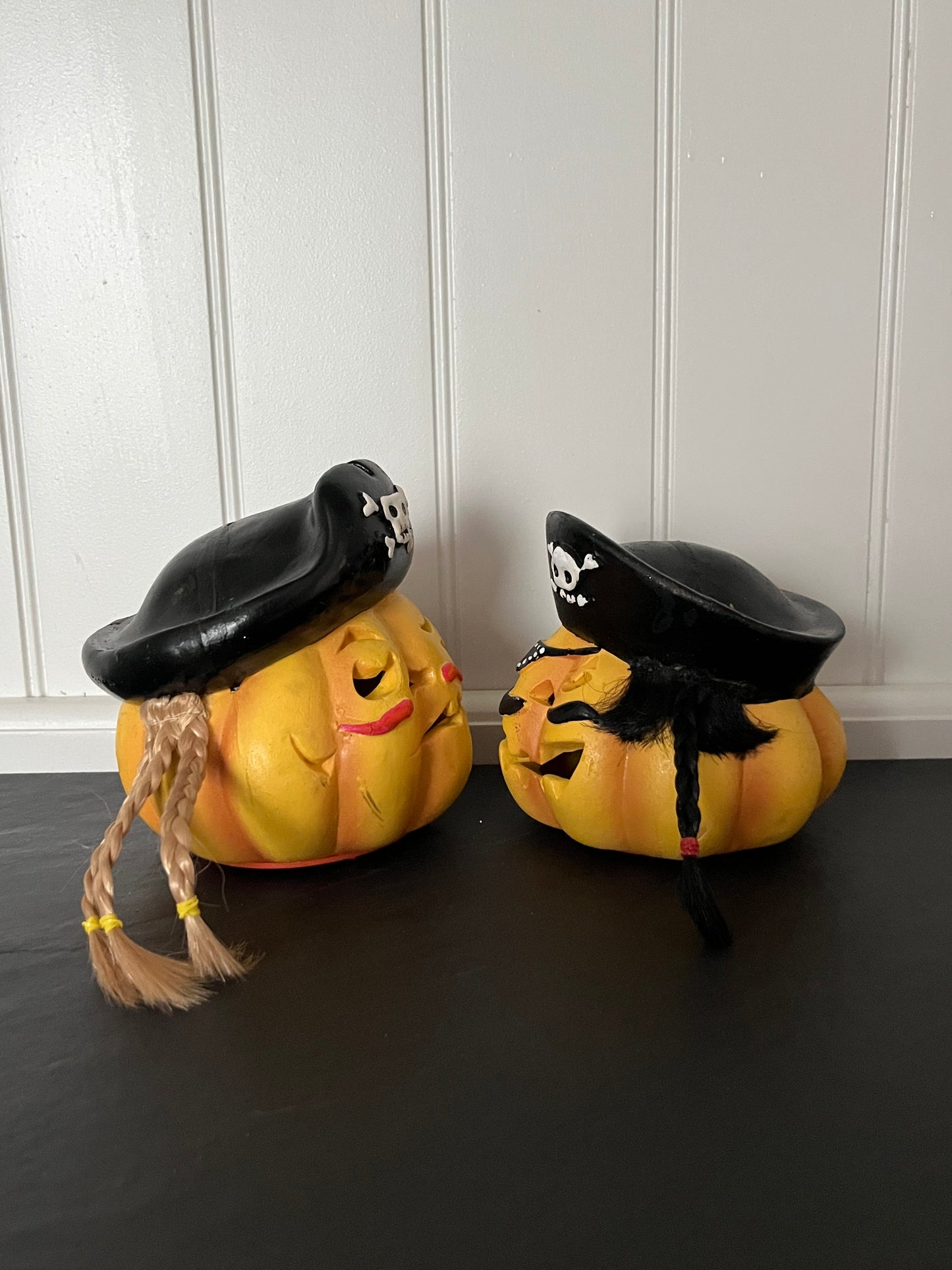 Vintage Light-Up Pirate Pumpkin Pair | Halloween Jack-O’-Lantern Figurines