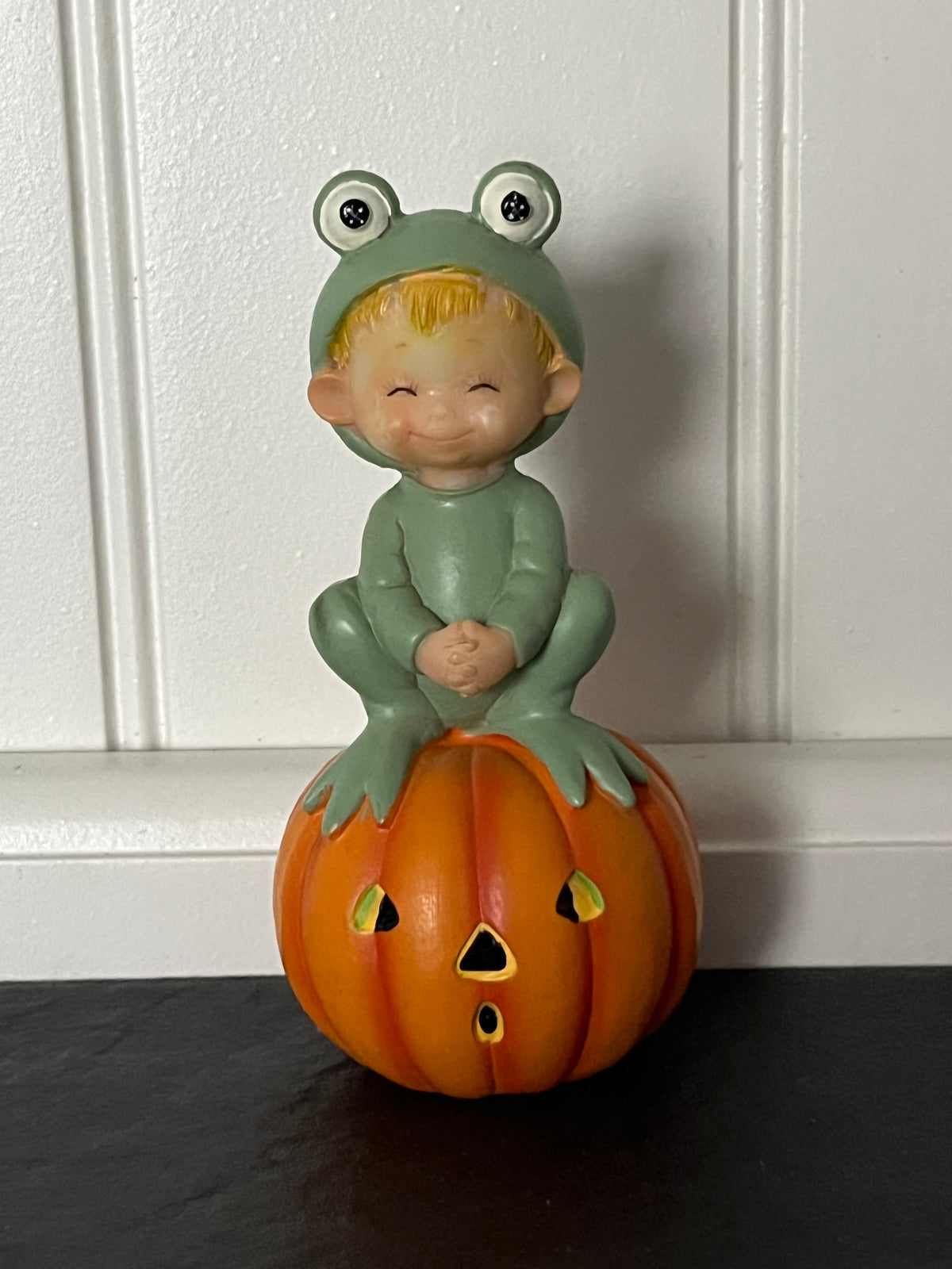 Vintage 1980’s Small Morehead Frog Costume Child on Jack-O’-Lantern Figurine,  Teenie Halloweenies | Curated Shelf & Trinket Display Décor
