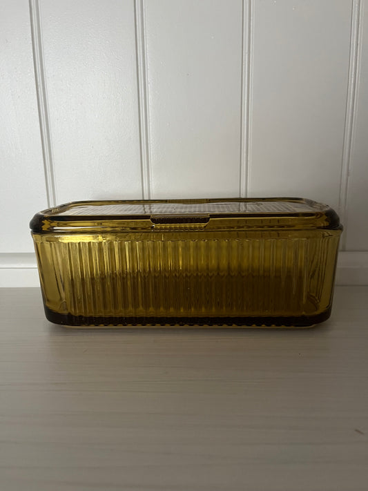 Vintage 1970s Amber Glass Ribbed Refrigerator Dish with Lid | Fall Harvest Kitchen Storage