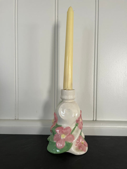 1954 Holland Mold Ceramic Candlestick Holder – Hand-Painted Taper, Pink Flower & Green Glaze