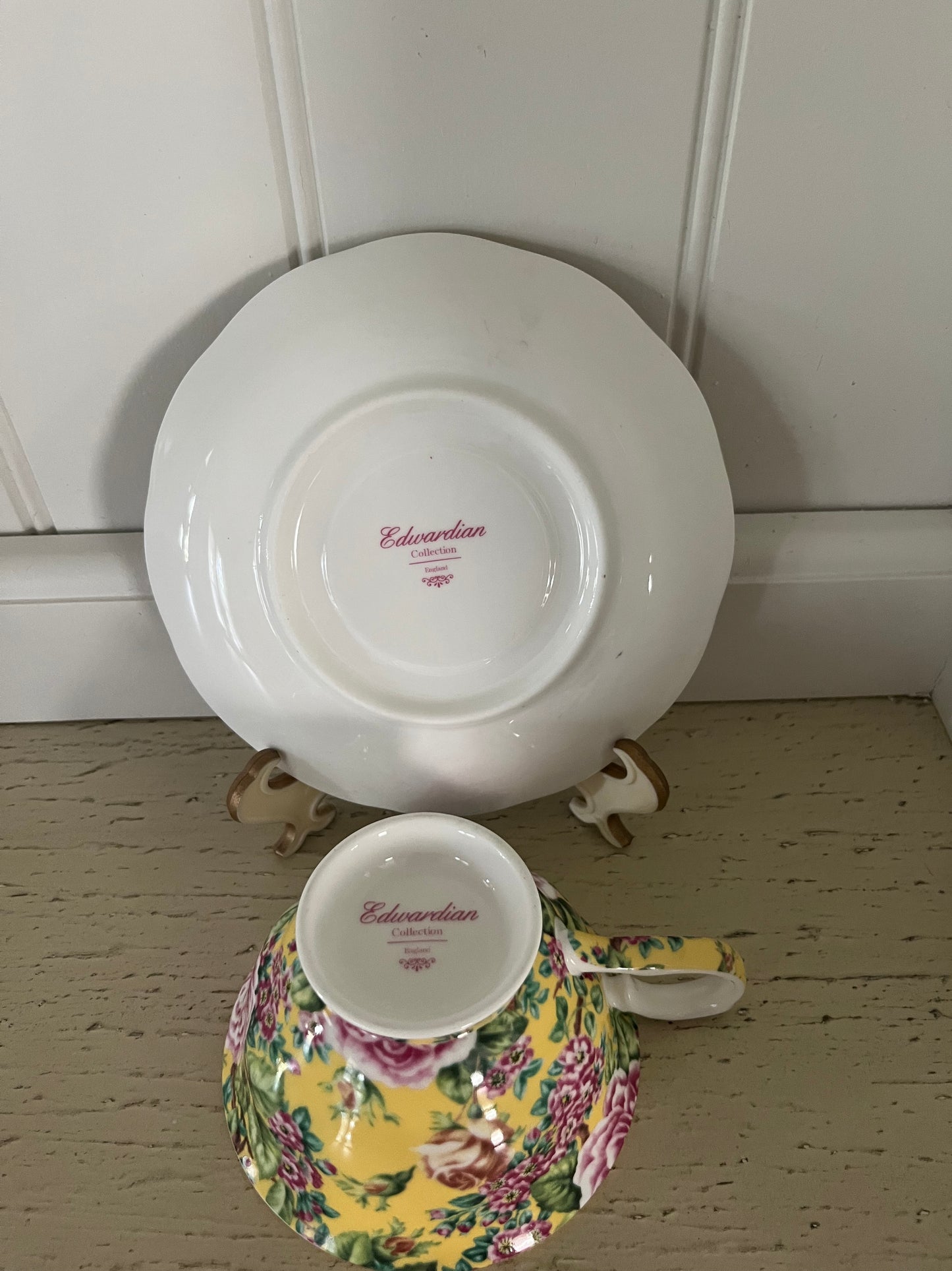 Edwardian Collection Yellow & Pink Roses Floral Chintz Teacup & Saucer – c. 1990s, Made in England