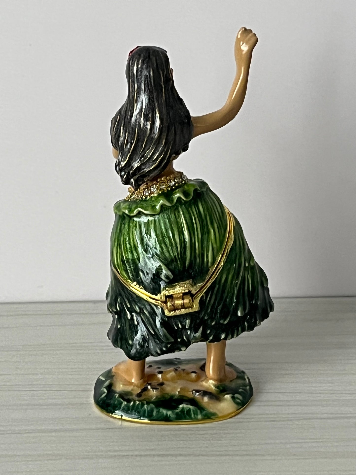 Vintage 1990s Rhinestone Hawaiian Hula Dancer Trinket Box – Miniature Tropical Keepsake Figurine – 2.5” Tall